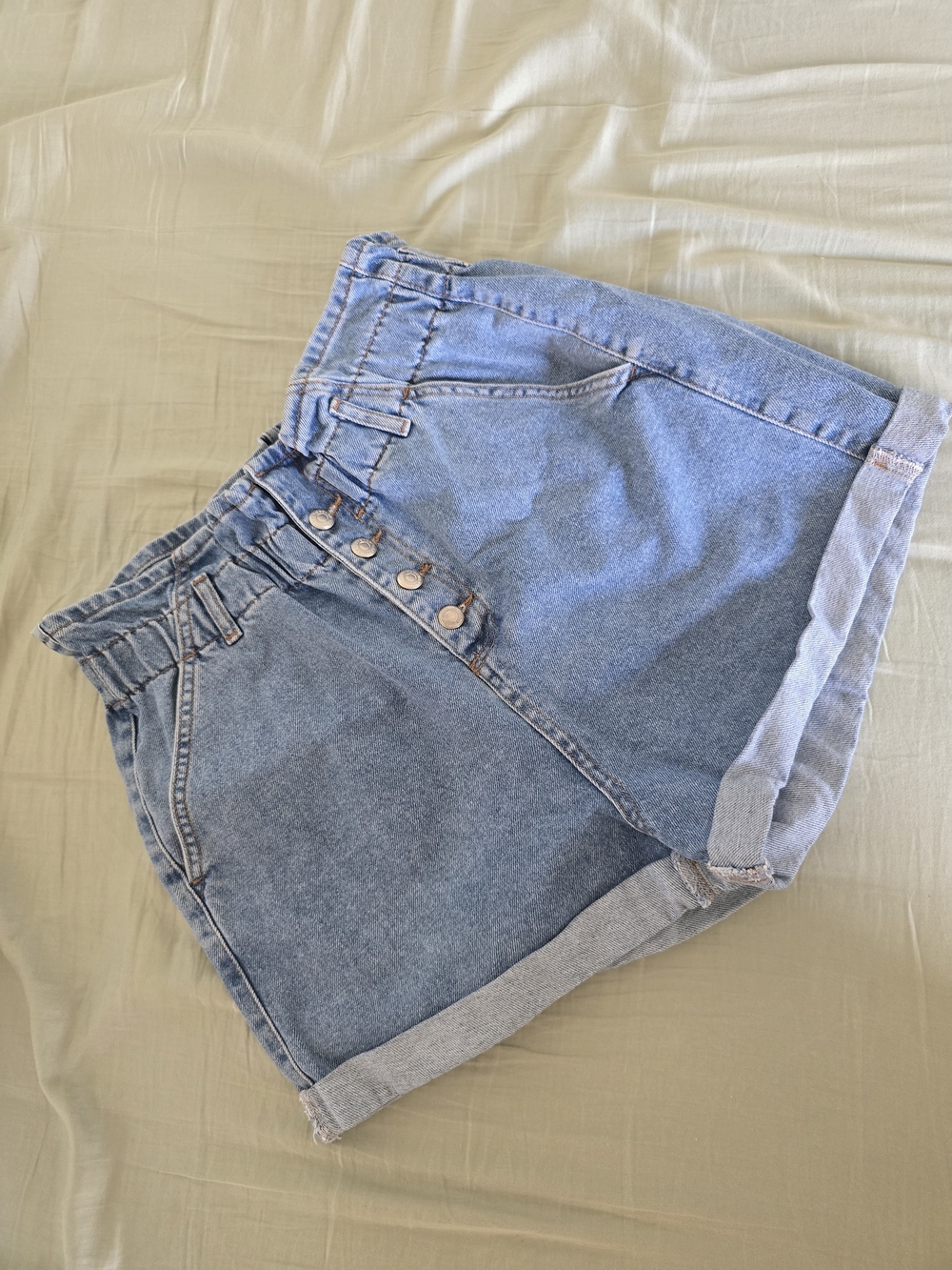 Topshop Light Blue Paperbag Waist Denim Shorts